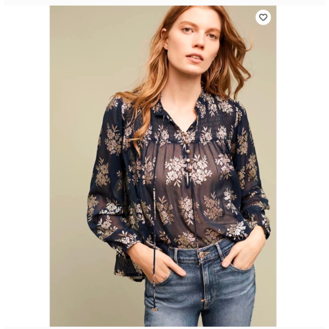 Maeve Anthropologie Navy Gold Floral Sheer Blouse